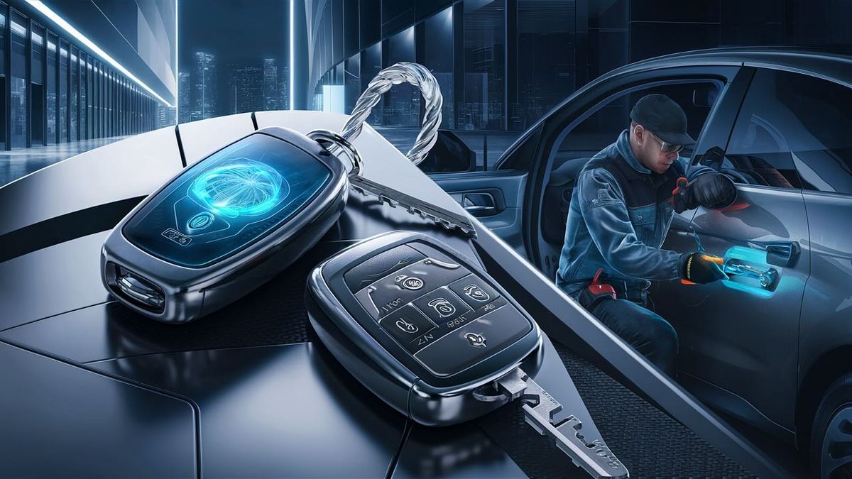 Locksmith technician at work on car keys